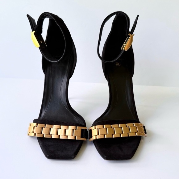 Balmain Uma Chain High Heel Sandals in Black Suede w/ Gold 38.5 - Picture 4 of 16